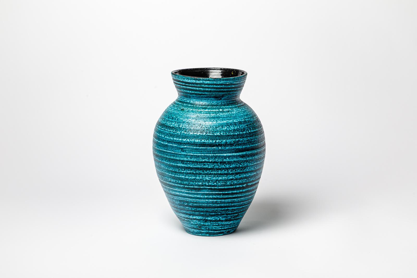 French Blue glazed ceramic vase by Accolay, circa 1960-1970. For Sale