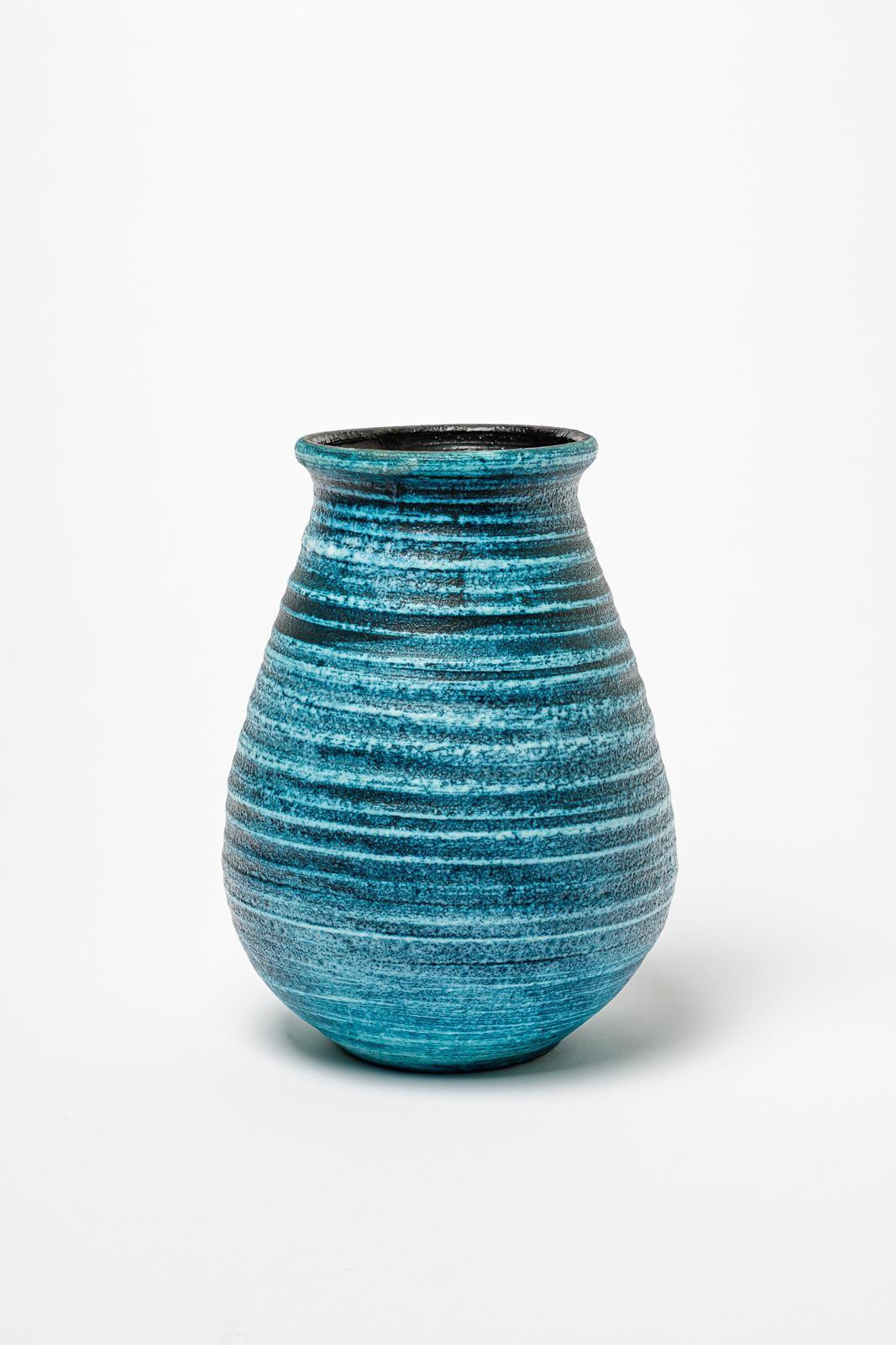 French Blue glazed ceramic vase by Accolay, circa 1960-1970. For Sale