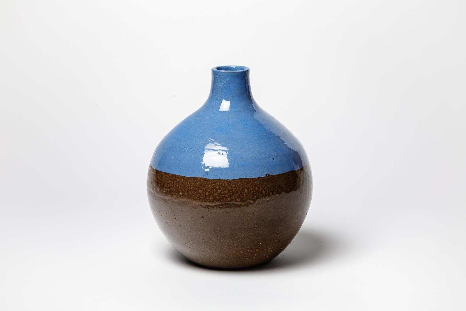 French Blue glazed ceramic vase by CAB (Céramiques d’art de Bordeaux) for la Maitrise. For Sale