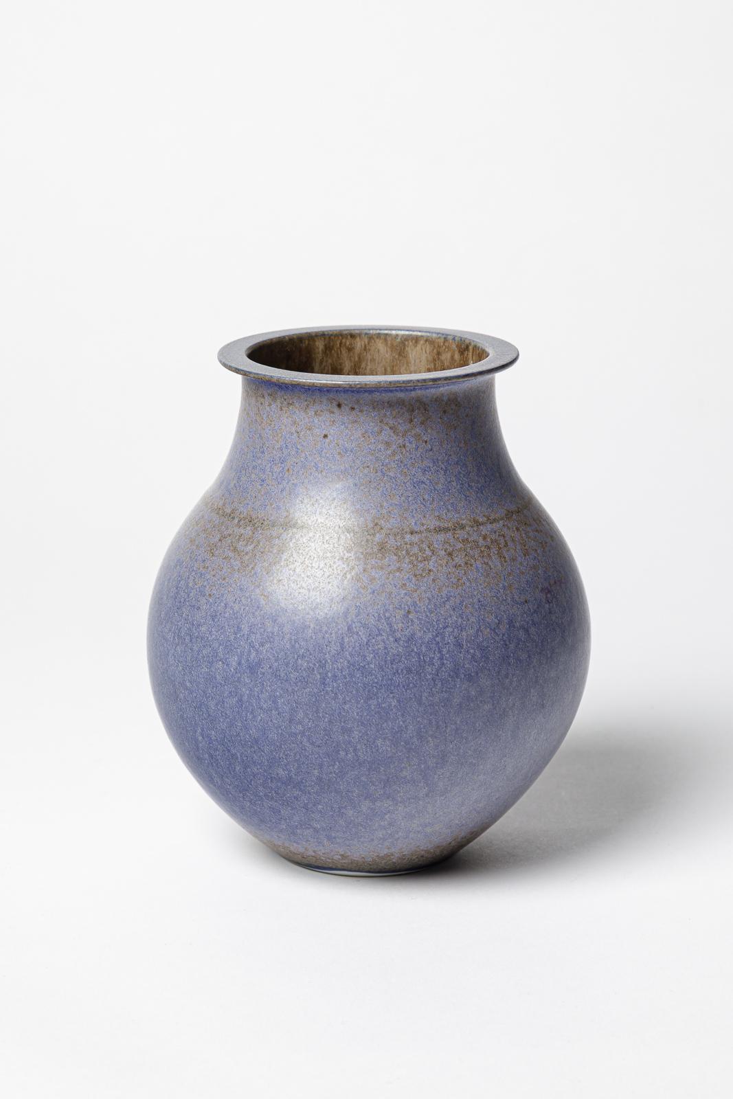 French Blue glazed ceramic vase by Robert Deblander, circa 1990. For Sale