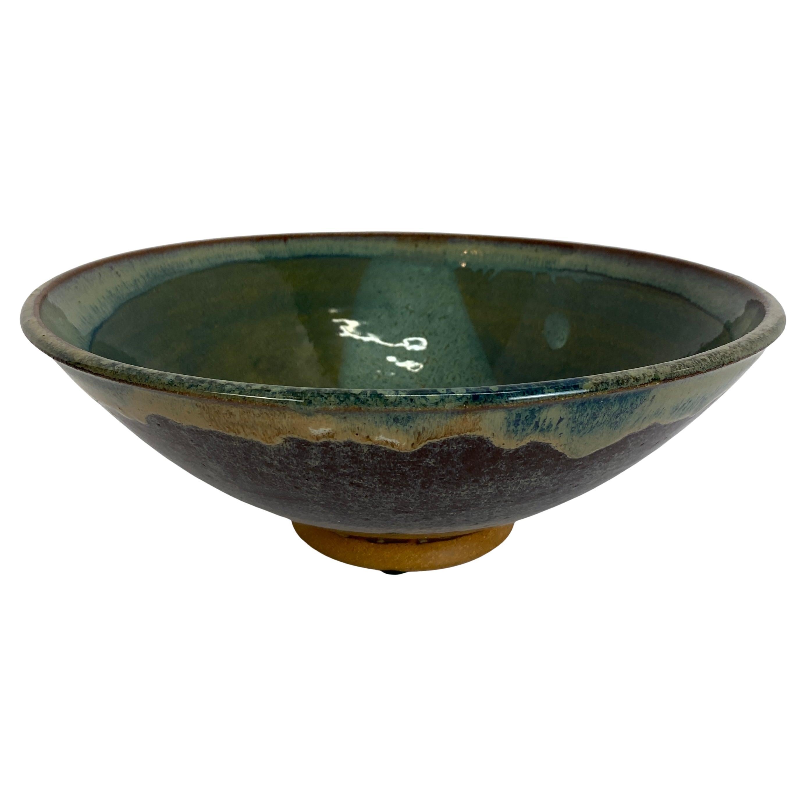 Ciotola in ceramica smaltata blu firmata Lauren Vanni, ciotola in ceramica fatta a mano di metà secolo