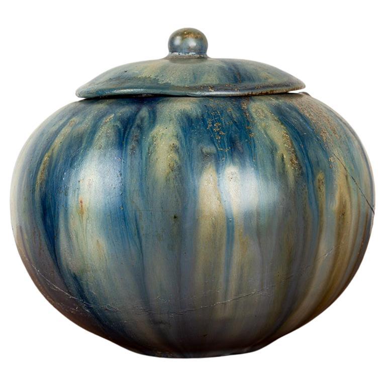 Vaso in gres smaltato blu, periodo Art Déco, di Roger Guérin, anni '30.