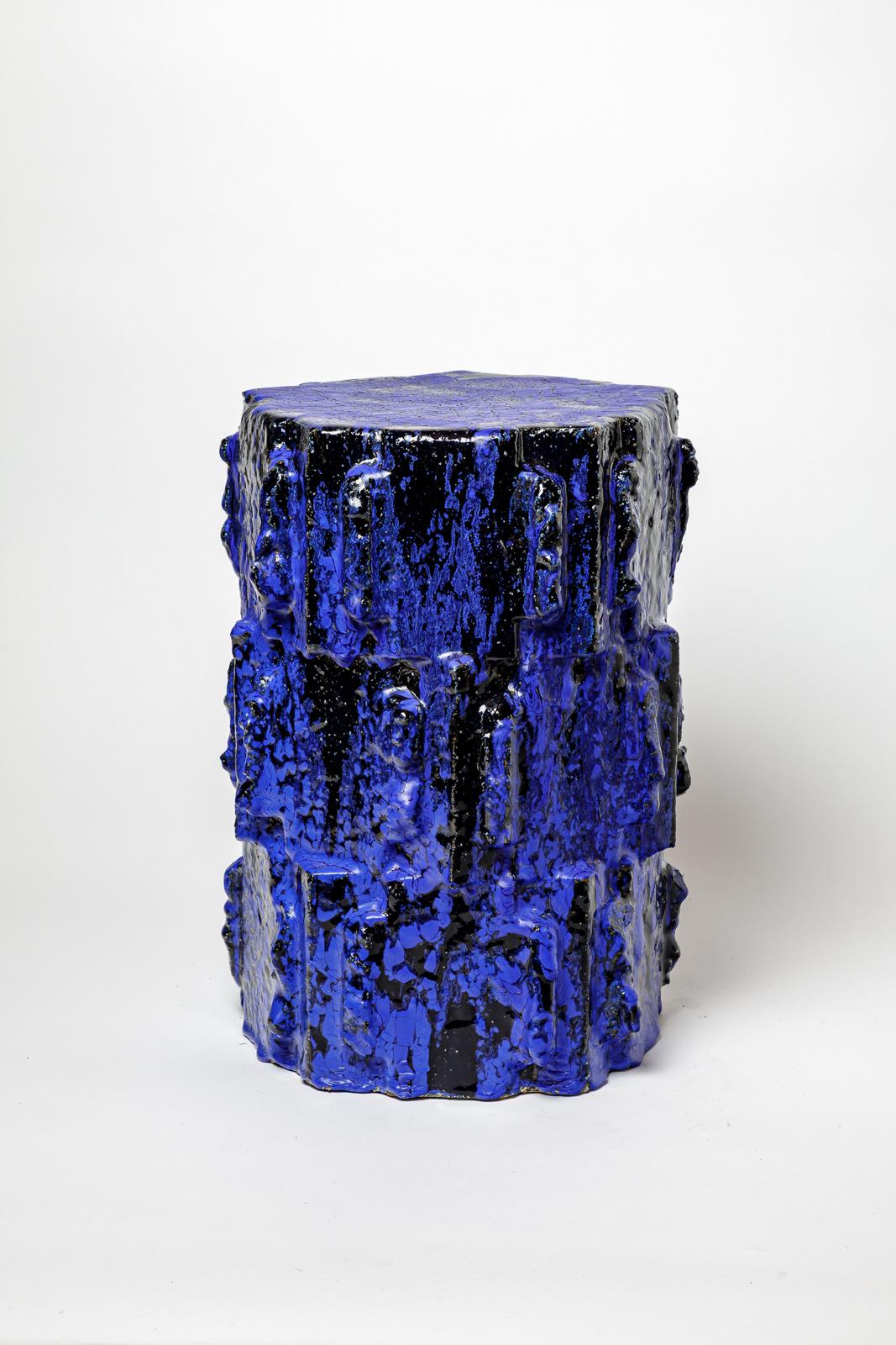 Taburete de gres esmaltado azul de Jean Ponsart, 2025. Cerámico en venta