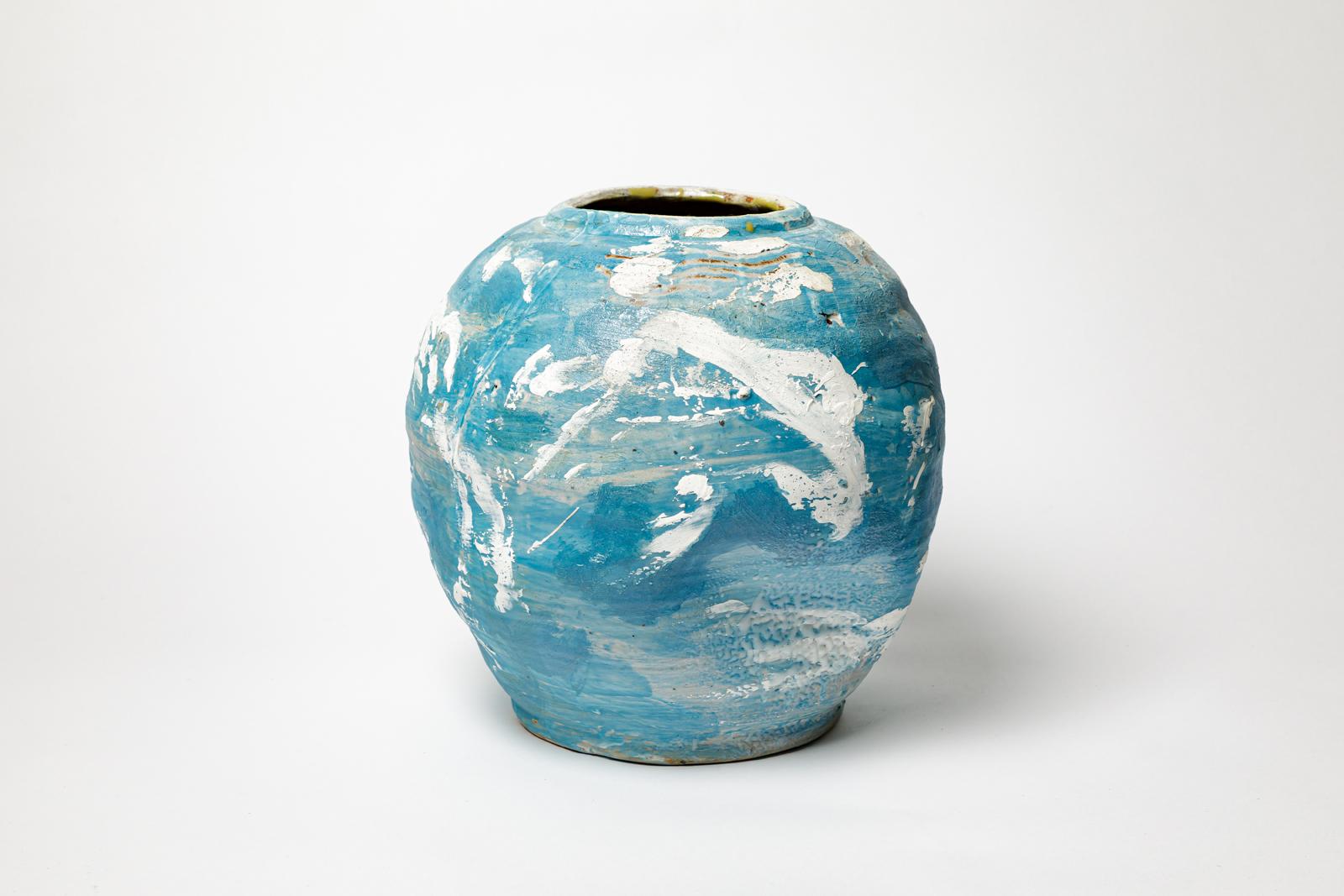 Beaux-Arts Vaso in gres smaltato blu di Brigitte Pénicaud, circa 2015. in vendita