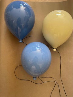 Blue glossy ceramic balloon sculpture handmade for wall, ceiling installation