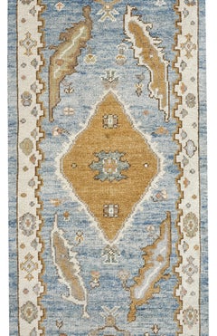 Blue, Gold and Ivory Contemporary Handmade Wool Turkish Oushak Runner