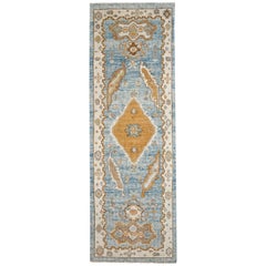 Blue, Gold and Ivory Contemporary Handmade Wool Turkish Oushak Runner