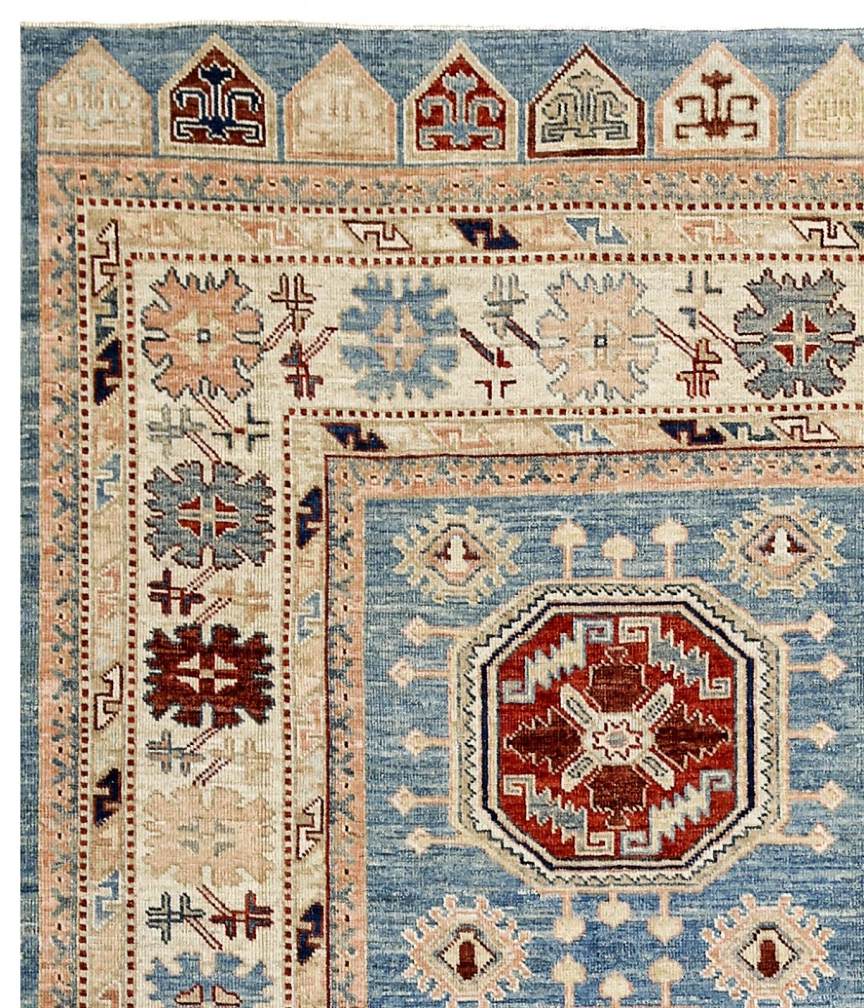 Hand-Knotted Blue, Gold and Red Contemporary Handmade Wool Turkish Oushak Rug For Sale