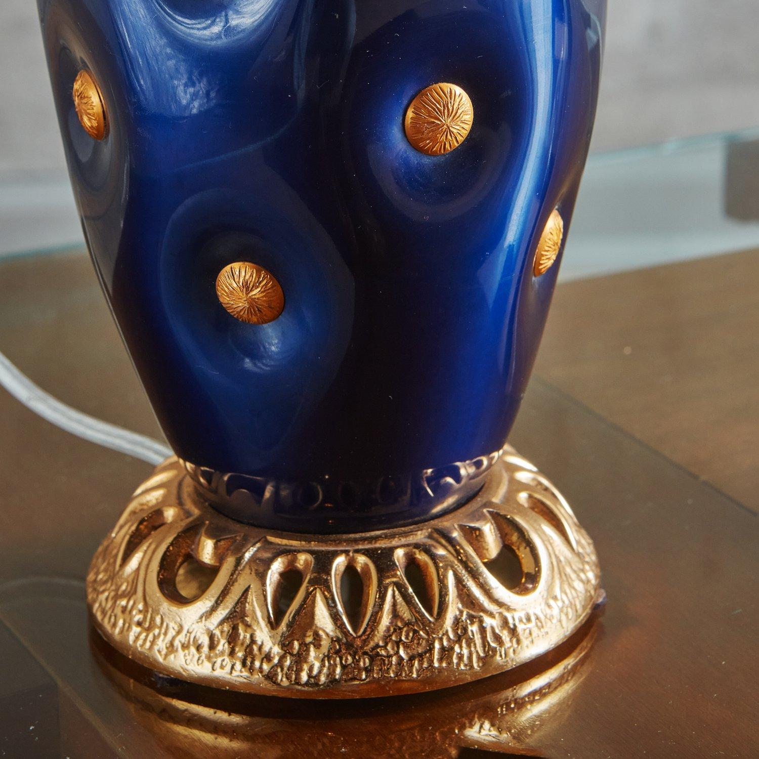Italian Blue + Gold Glazed Porcelain Lamp, Italy 1980s  For Sale