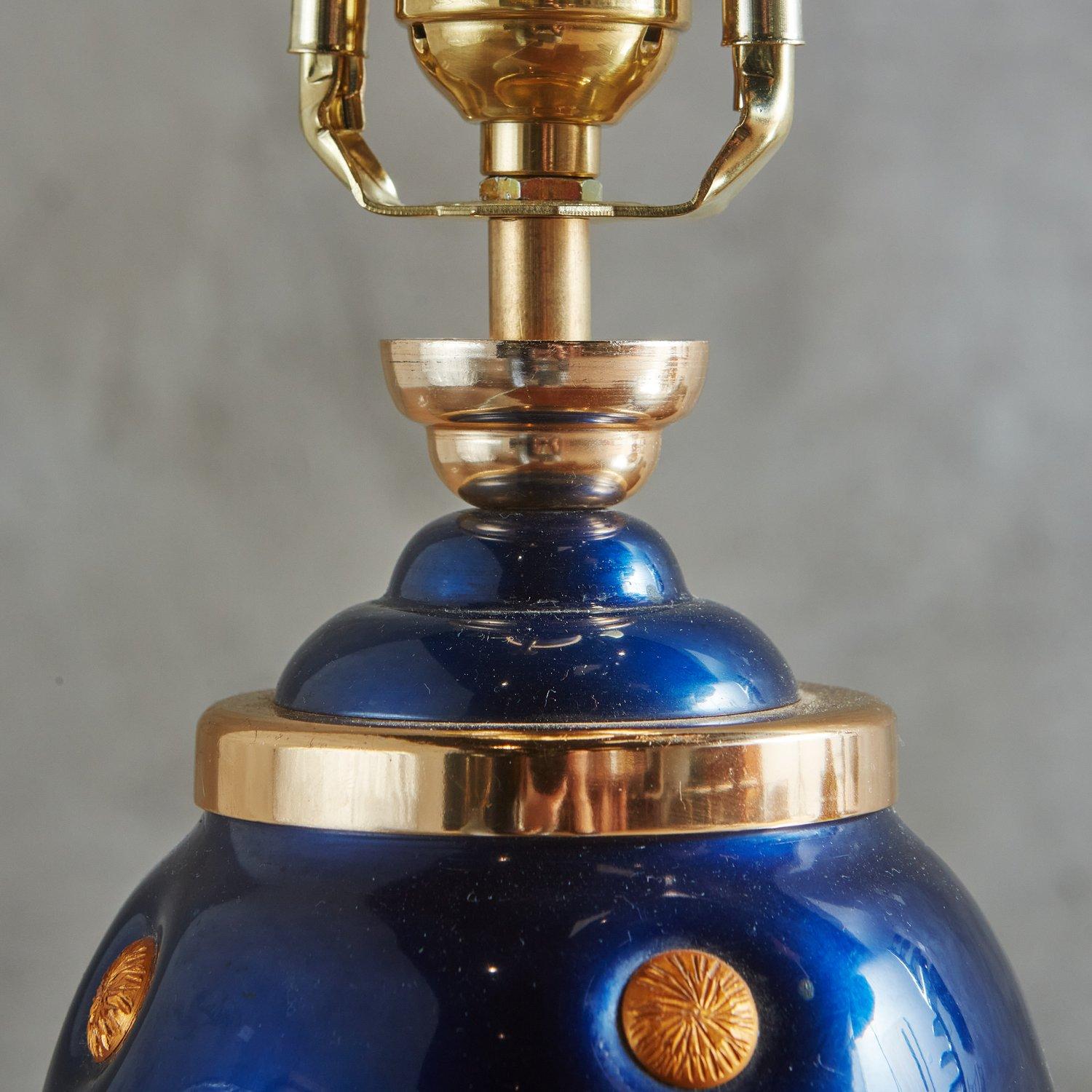 Metal Blue + Gold Glazed Porcelain Lamp, Italy 1980s  For Sale