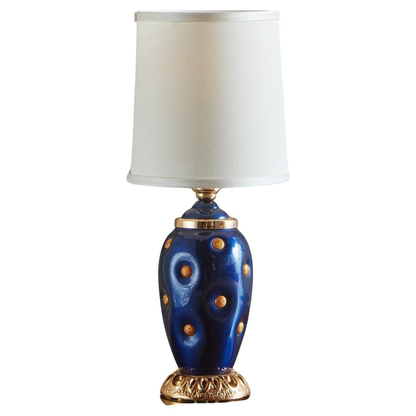 Lampe aus glasiertem Porzellan in Blau + Gold, Italien 1980er Jahre 