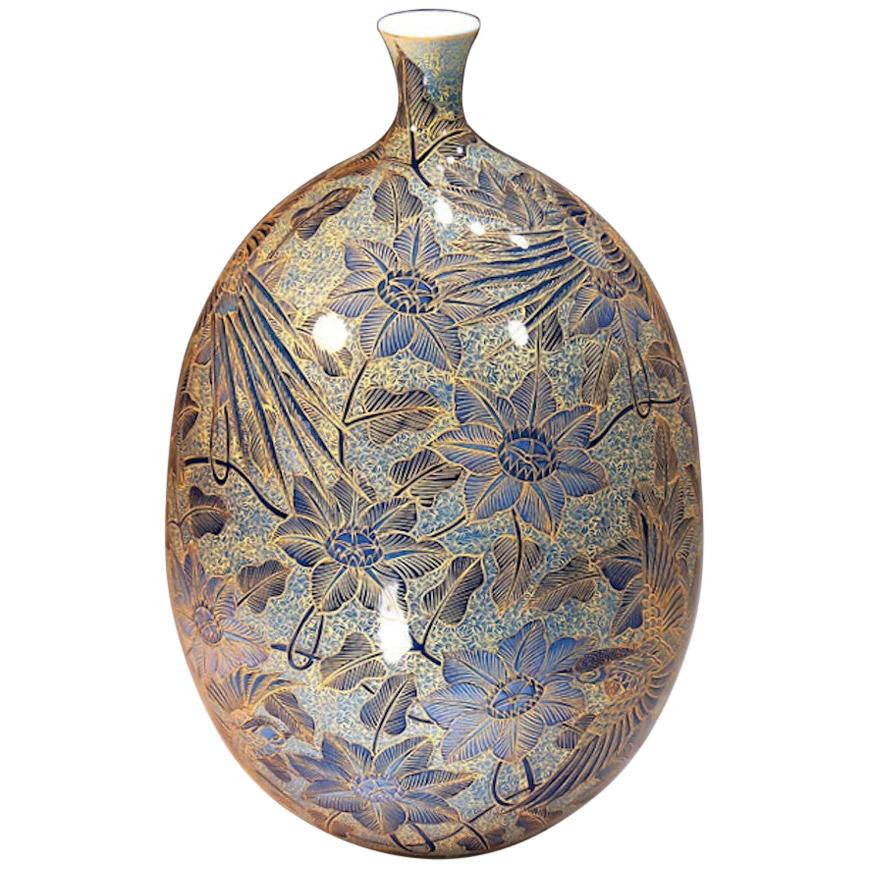 Blue Gold Porcelain Vase by Contemporary Japanese Master Artist