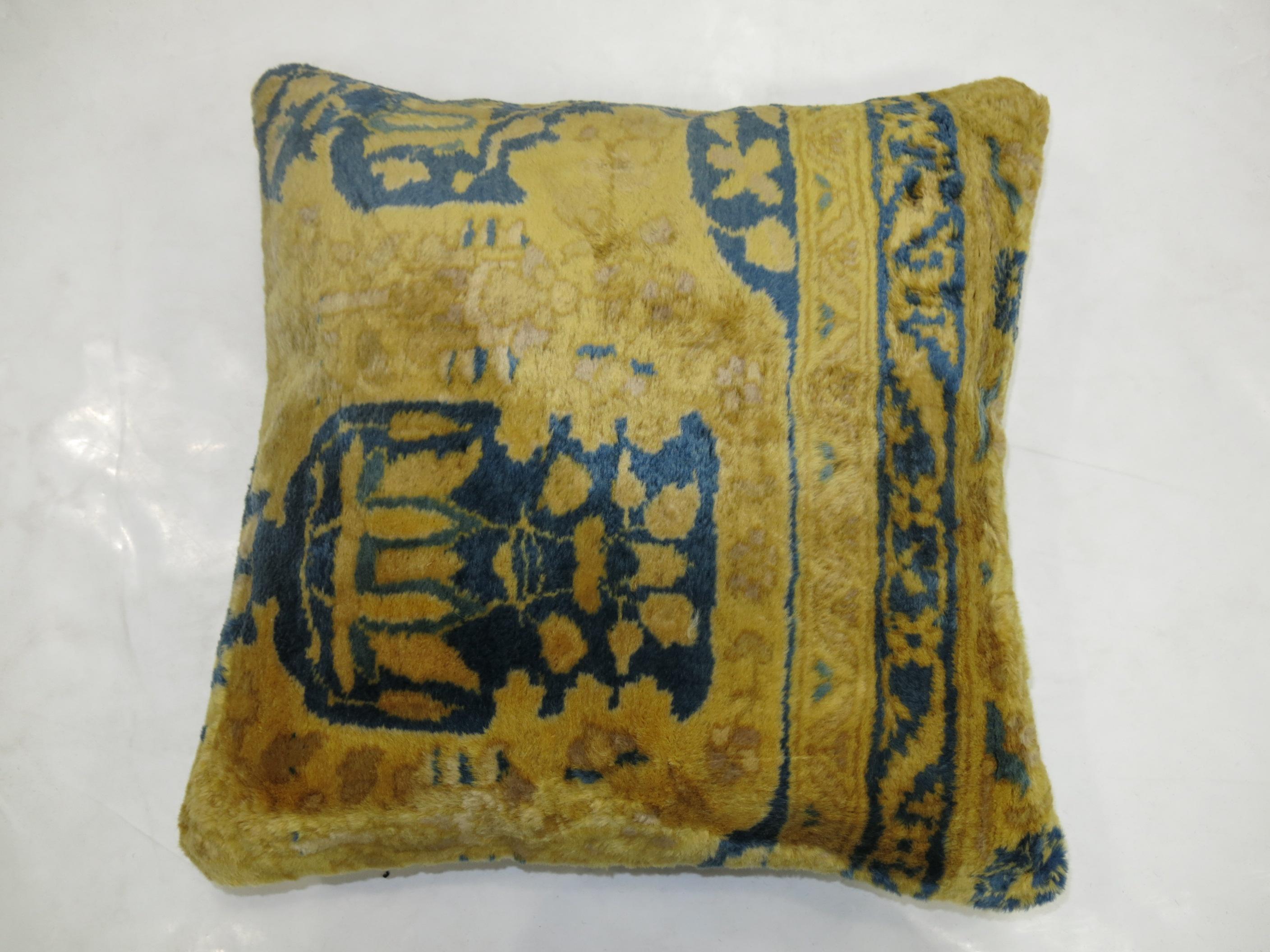 Blue Gold Indian Agra Rug Pillow In Good Condition In New York, NY