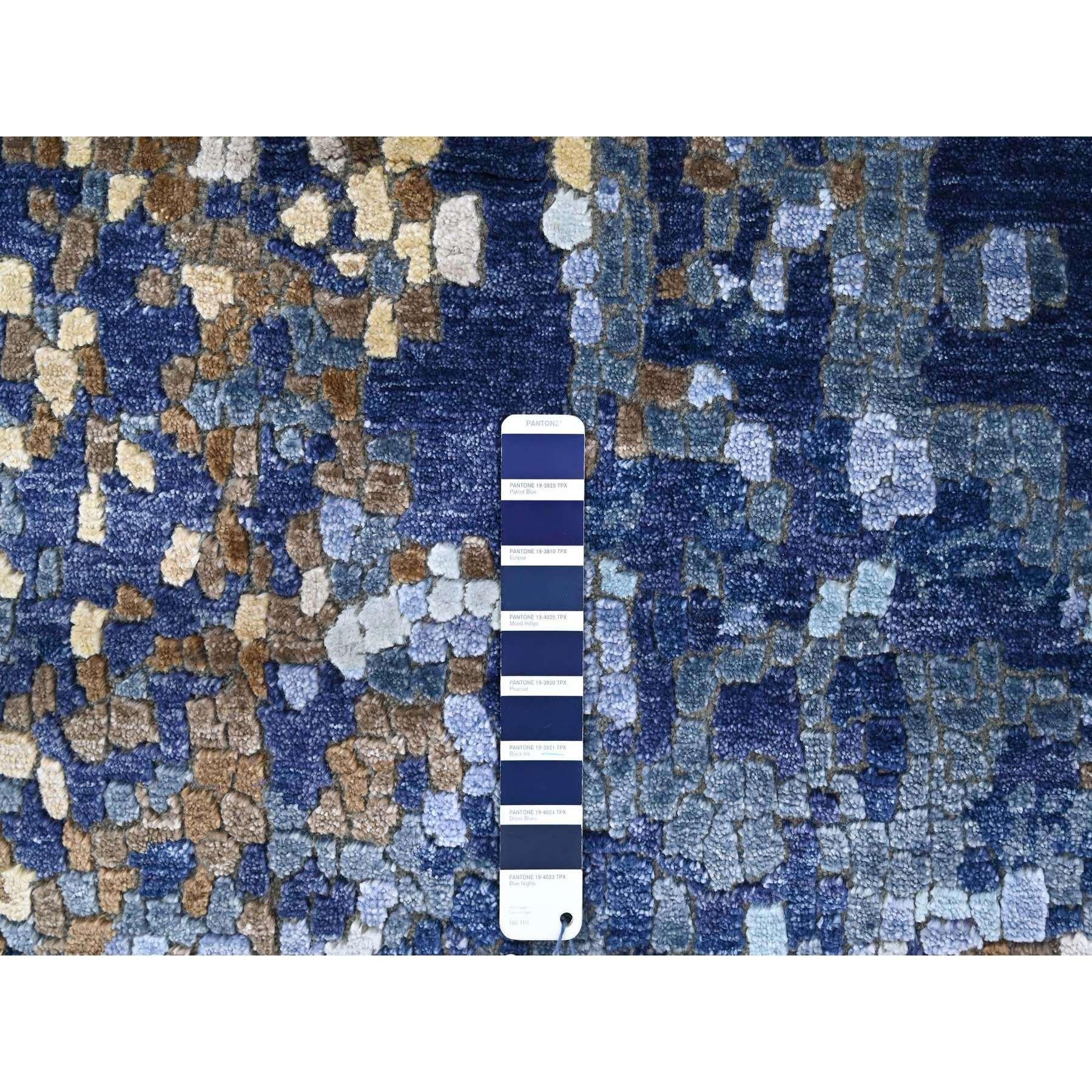 Indiano Tappeto in lana e seta blu-oro con design a mosaico e nodo persiano annodato a mano 7'9