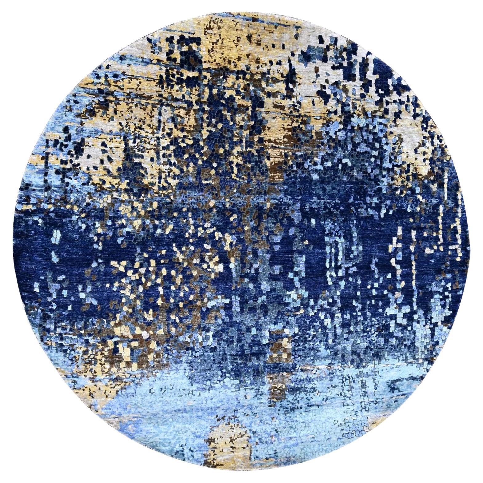 Tappeto in lana e seta blu-oro con design a mosaico e nodo persiano annodato a mano 7'9" x 7'9" in vendita