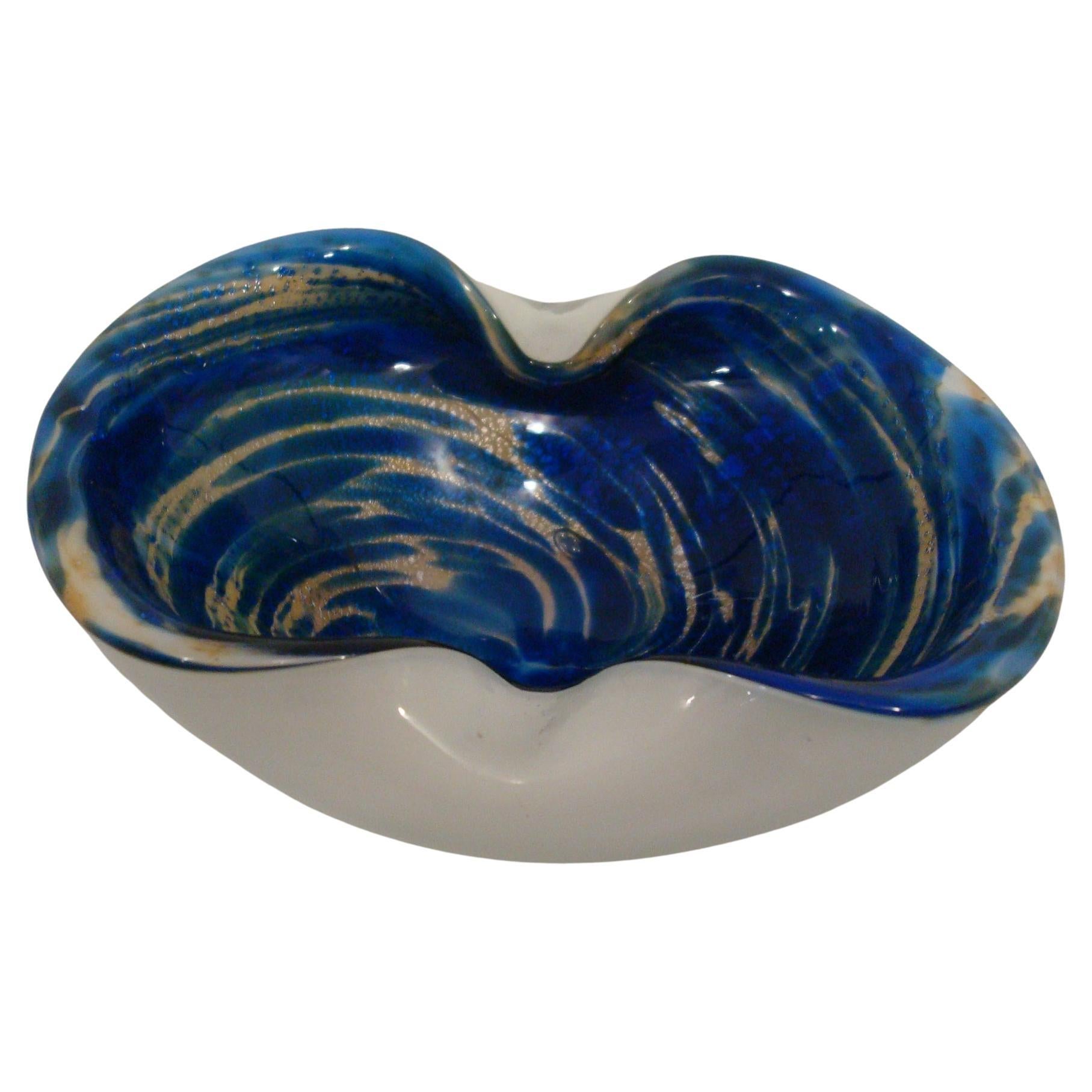 Blue & Gold Murano Art Glass Ashtray Jewelry Dish / Vide-Poche by Barbini, Italy For Sale