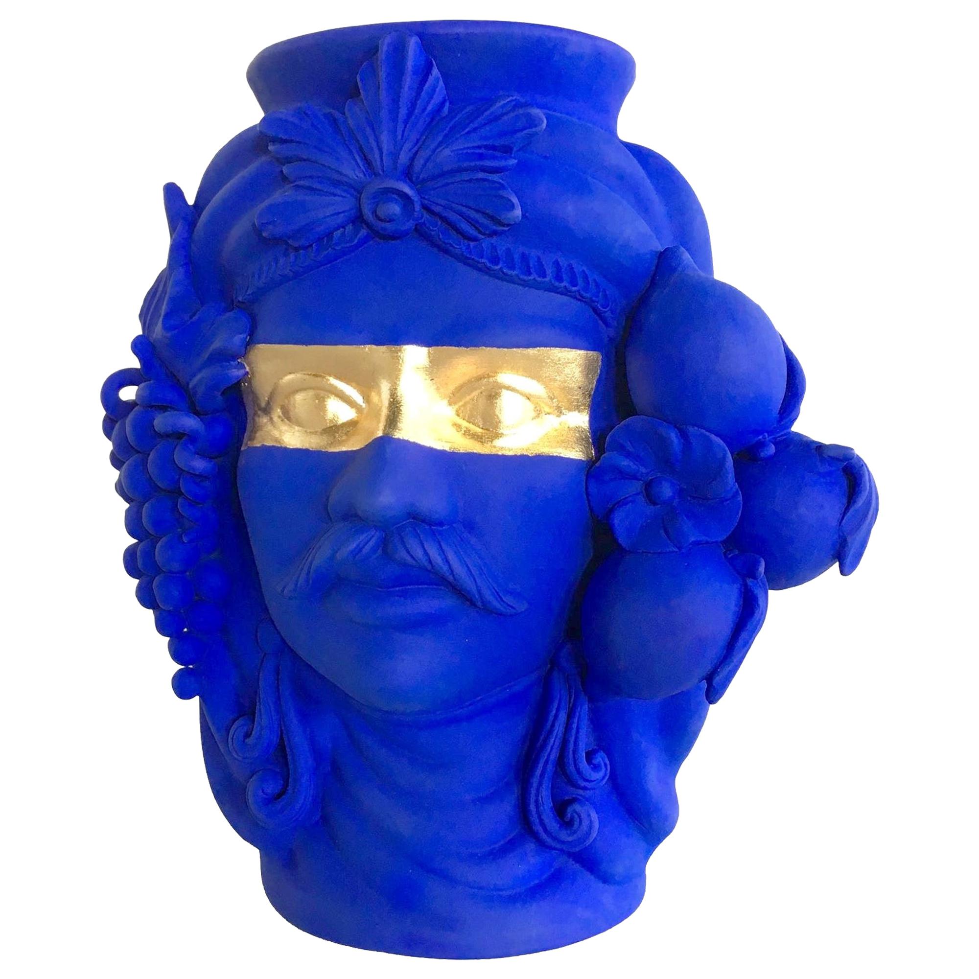 Vase Sasa bleu et or, en stock à Los Angeles, fabriqué en Italie en vente