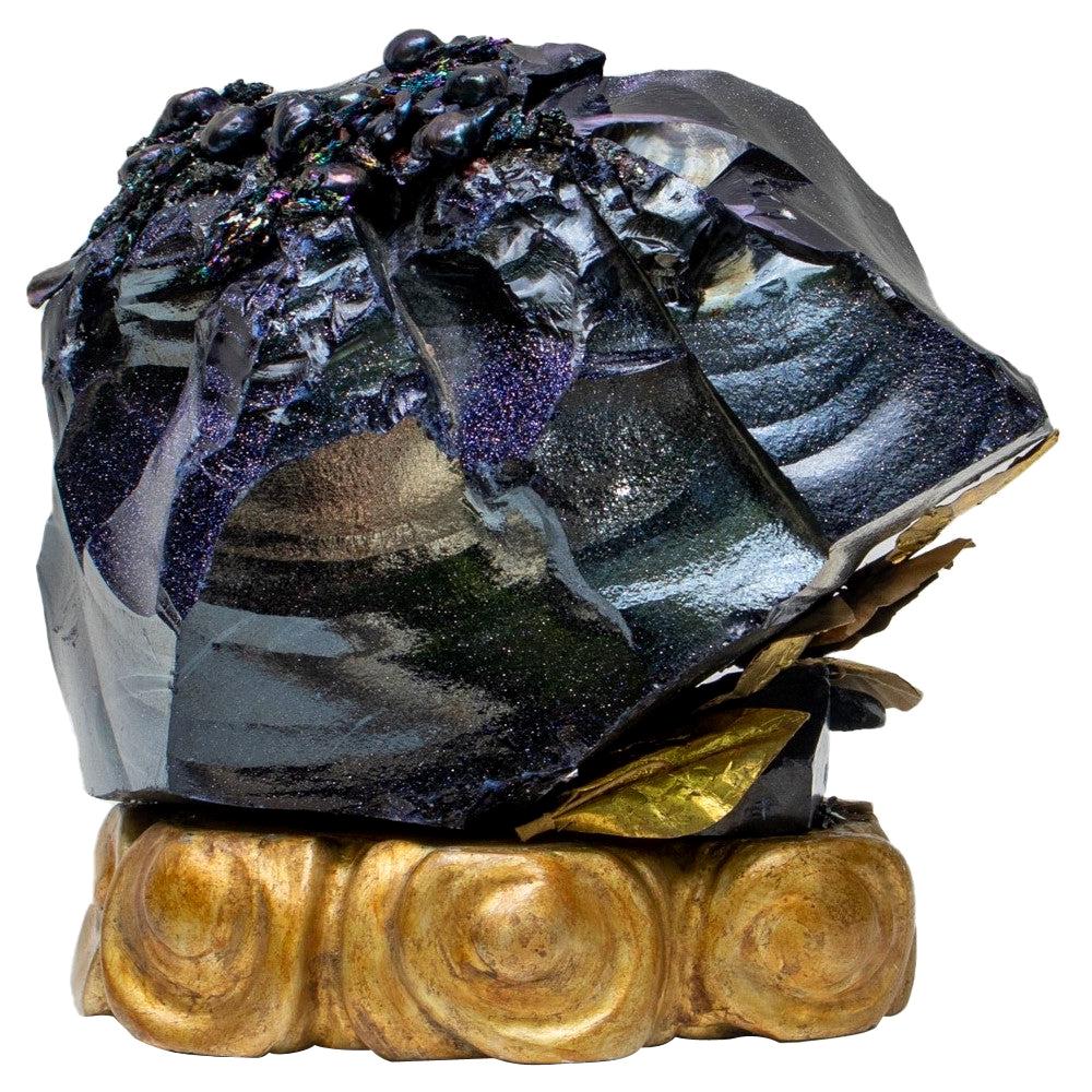 Blue Goldstone from Milan with natural-forming baroque pearls and silicon carbide on an 18th century Italian gold leaf altar base with pure gold leaf Italian fragment leaves. 

This 15-pound goldstone is a type of glittering glass created in a