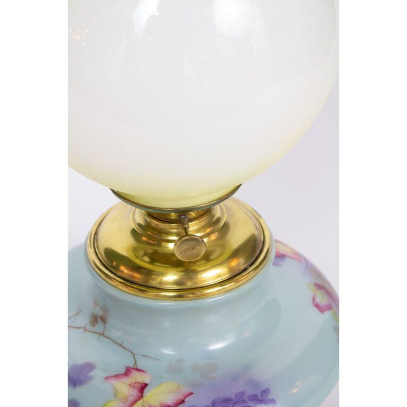 Blue gone with wind lamp. Handpainted with Autumn Leaves. Labeled “Success.” 10? Globe shade with yellow frost. Candelabra socket.

Material: Brass, glass
Style: Victorian
Place of Origin: United States
Period made: Late 19th