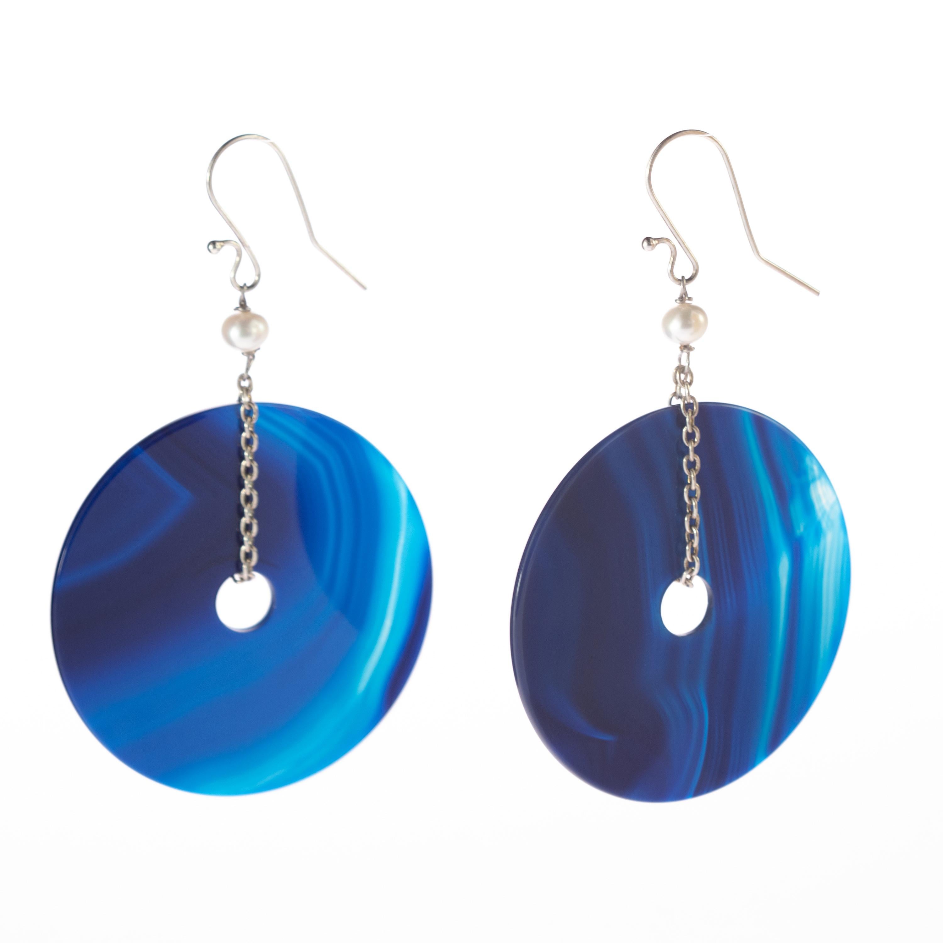 Blue Gradient Agate Round Donut Pearl 925 Sterling Silver Dangle Long Earrings For Sale 5