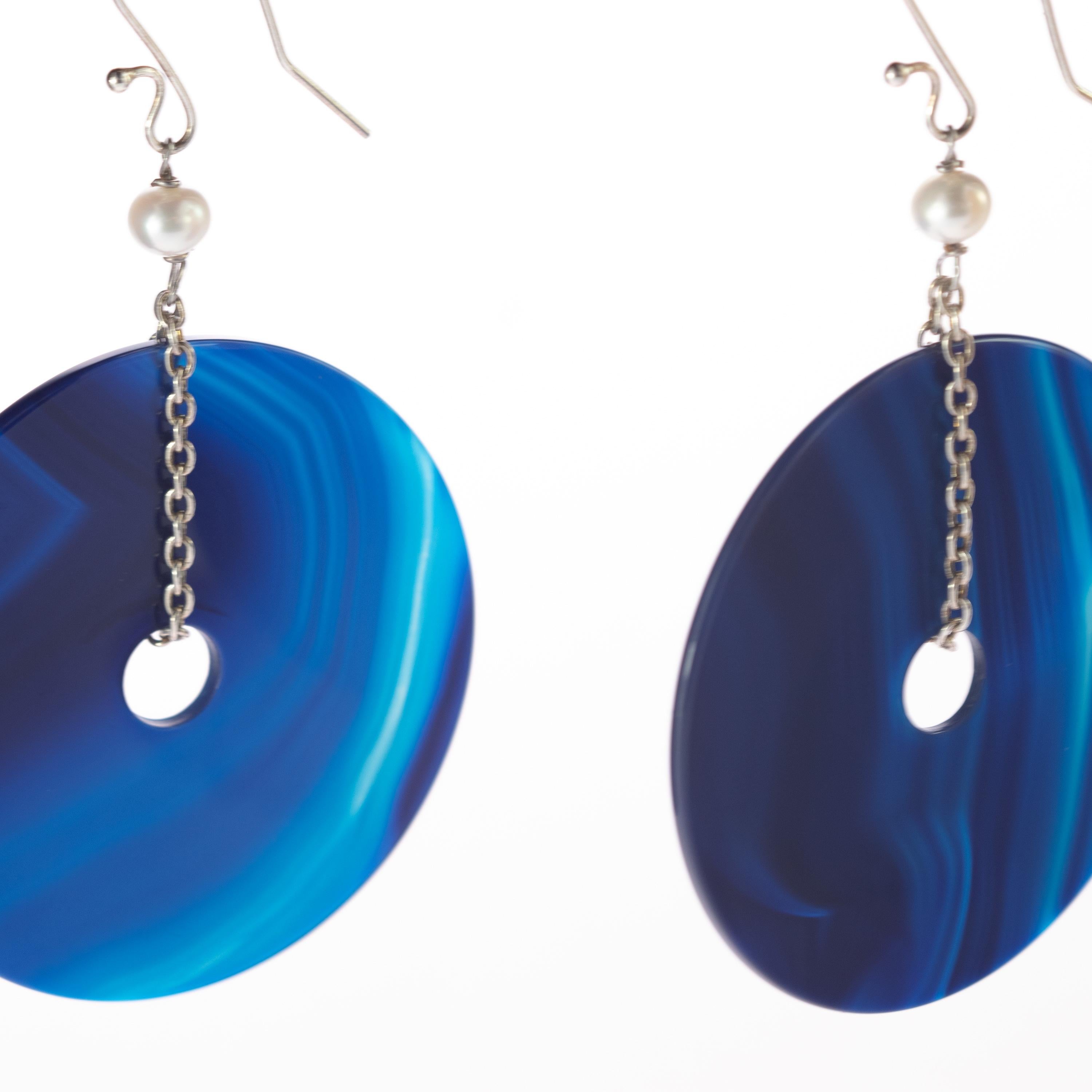 Blue Gradient Agate Round Donut Pearl 925 Sterling Silver Dangle Long Earrings For Sale 6