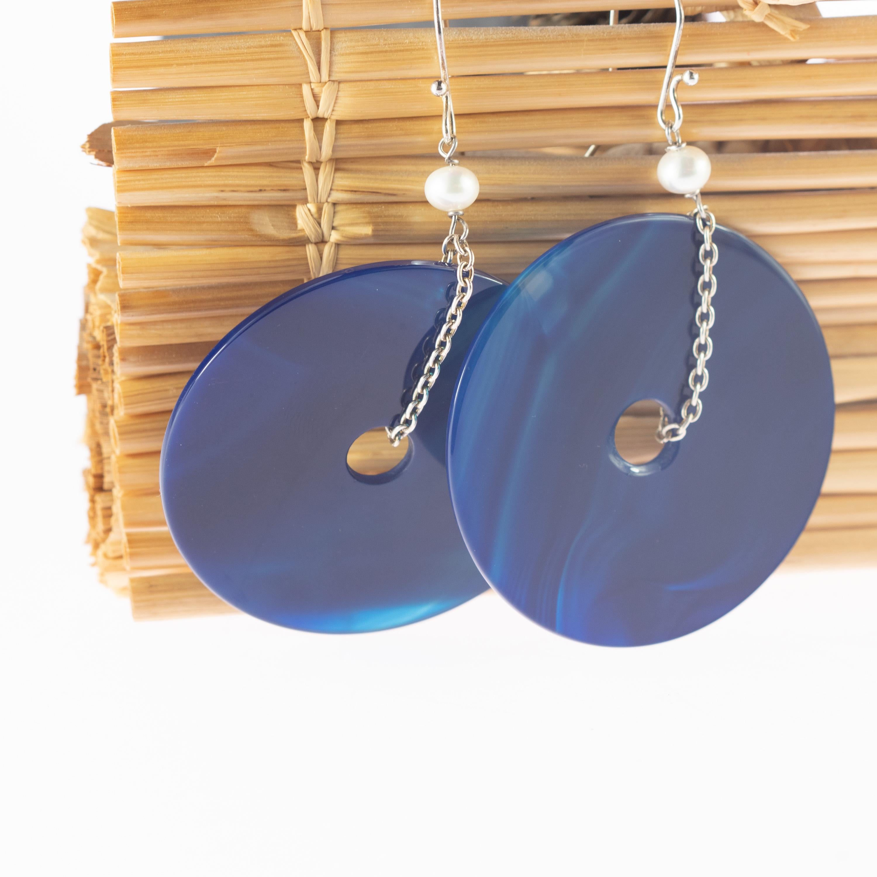 Modern Blue Gradient Agate Round Donut Pearl 925 Sterling Silver Dangle Long Earrings For Sale
