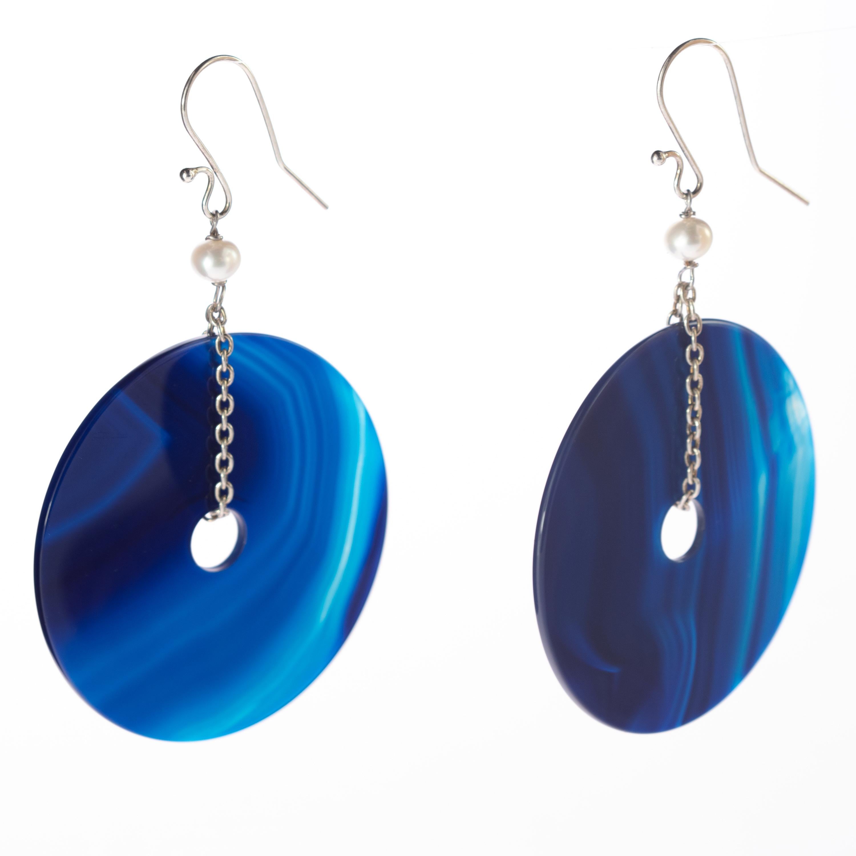 Blue Gradient Agate Round Donut Pearl 925 Sterling Silver Dangle Long Earrings For Sale 1
