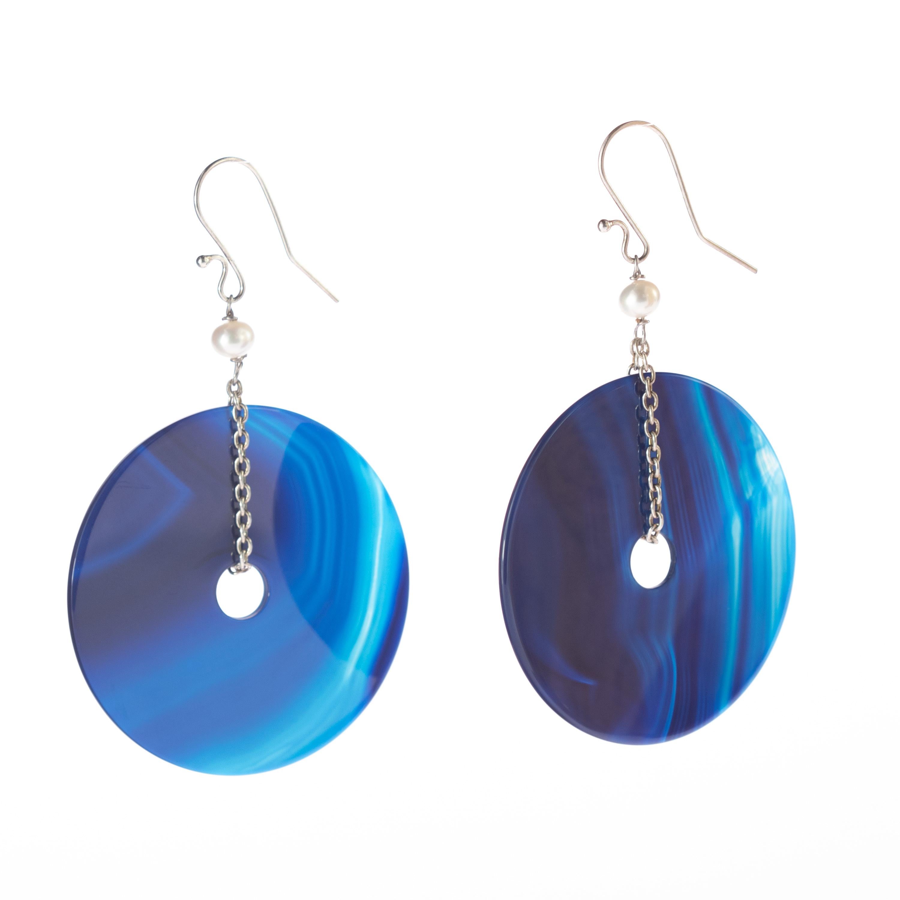Blue Gradient Agate Round Donut Pearl 925 Sterling Silver Dangle Long Earrings For Sale 3