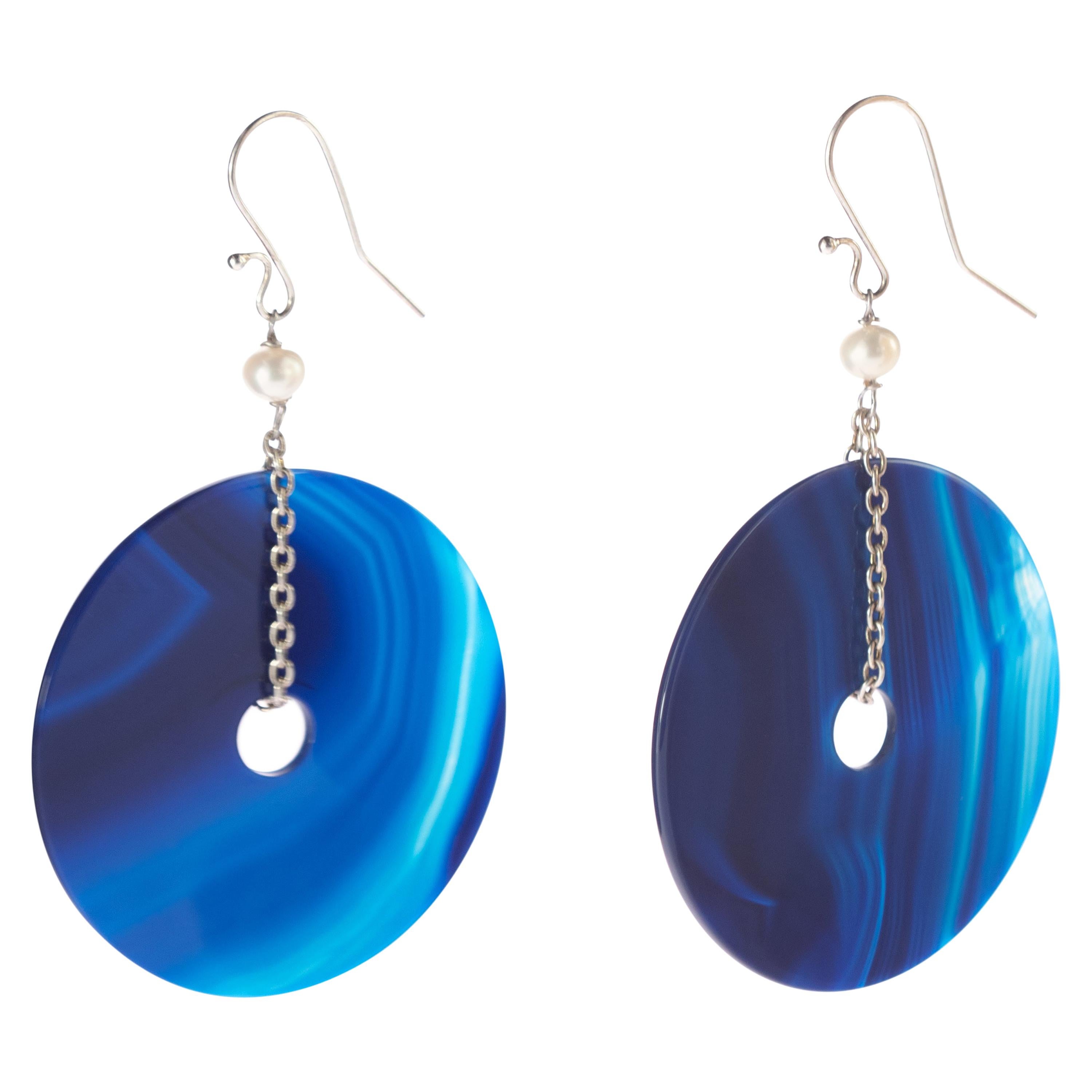 Blue Gradient Agate Round Donut Pearl 925 Sterling Silver Dangle Long Earrings For Sale