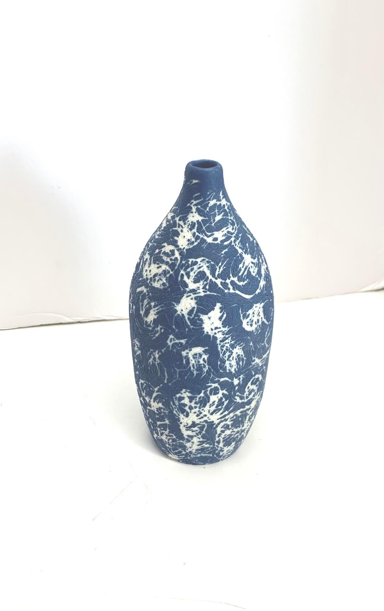 Ceramic Blue Graffiti Design Hand Made Vase, Italy, Contemporary