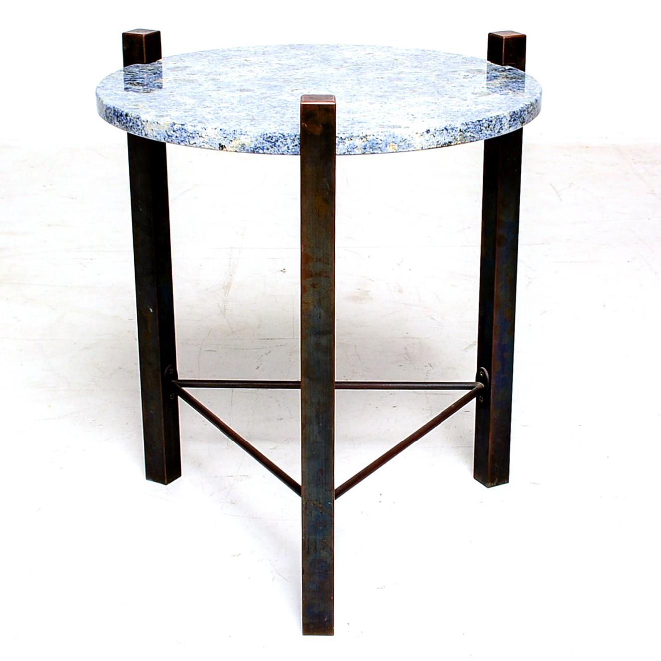 Patinated Blue Granite and Solid Bronze Side Table Mid Century Modern  