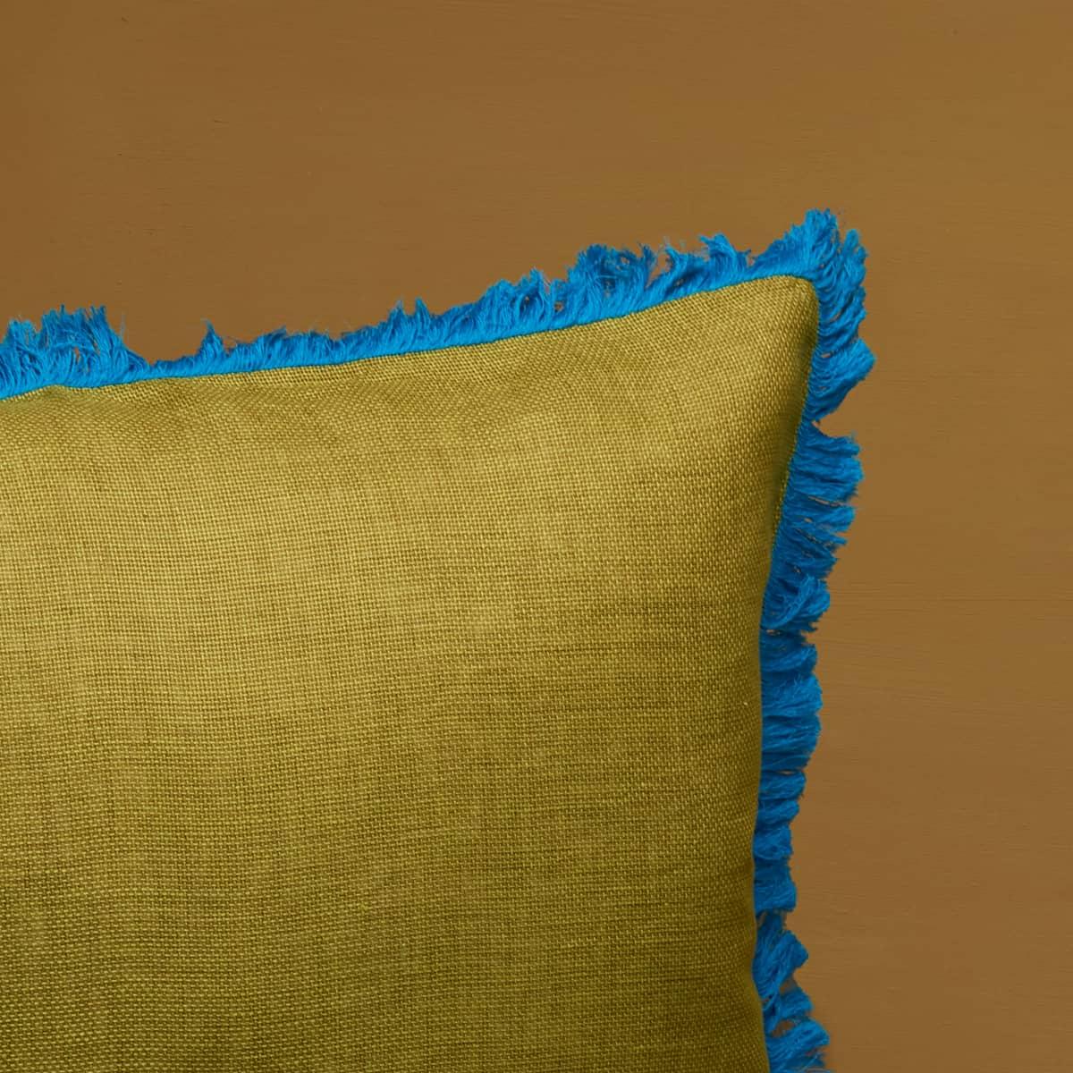 Indian Blue Grass, Green Cotton Cushion with Handmade Fringe Finishing For Sale