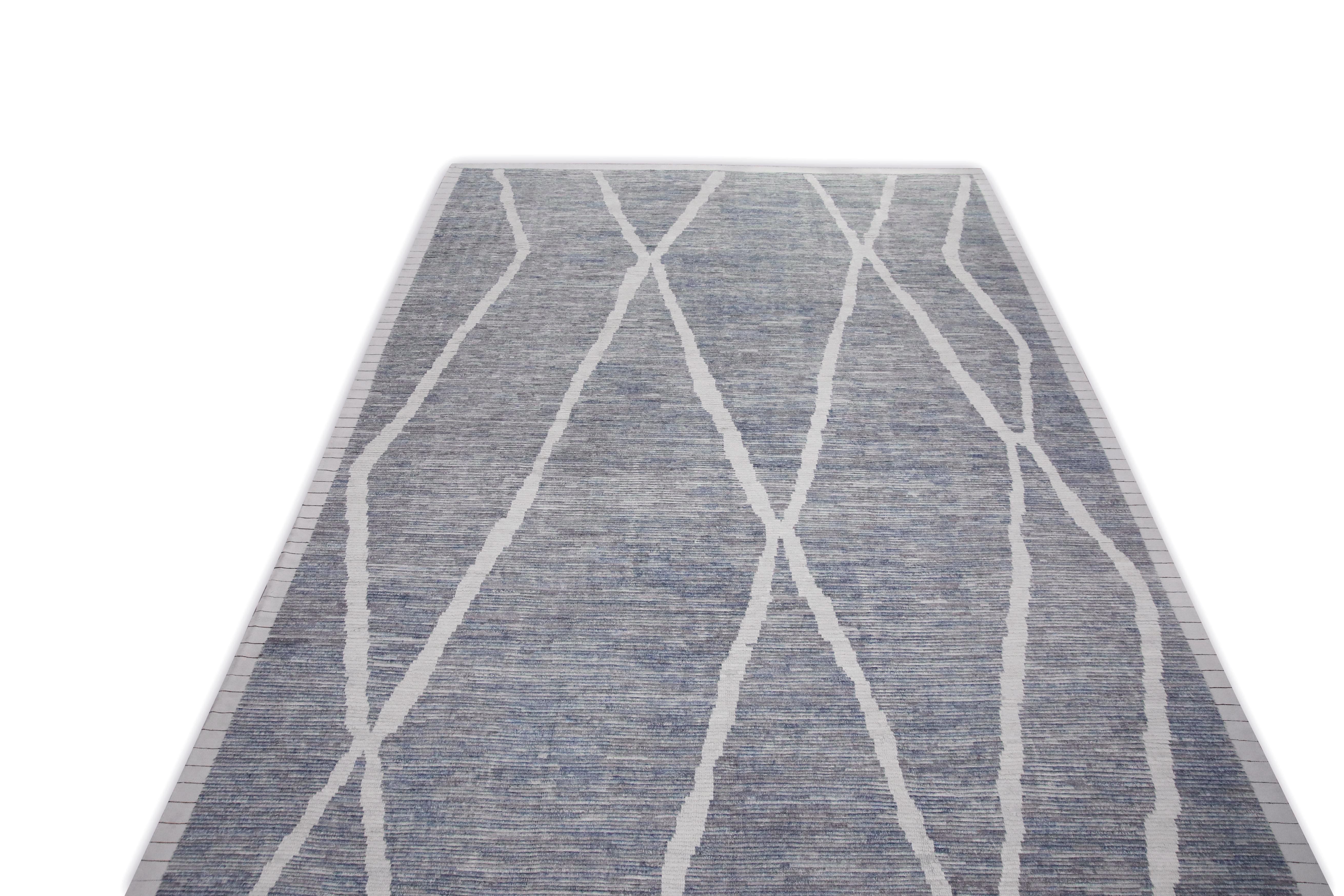Contemporary Blue & Gray 21st Century Modern Moroccan Style Wool Rug 11'3