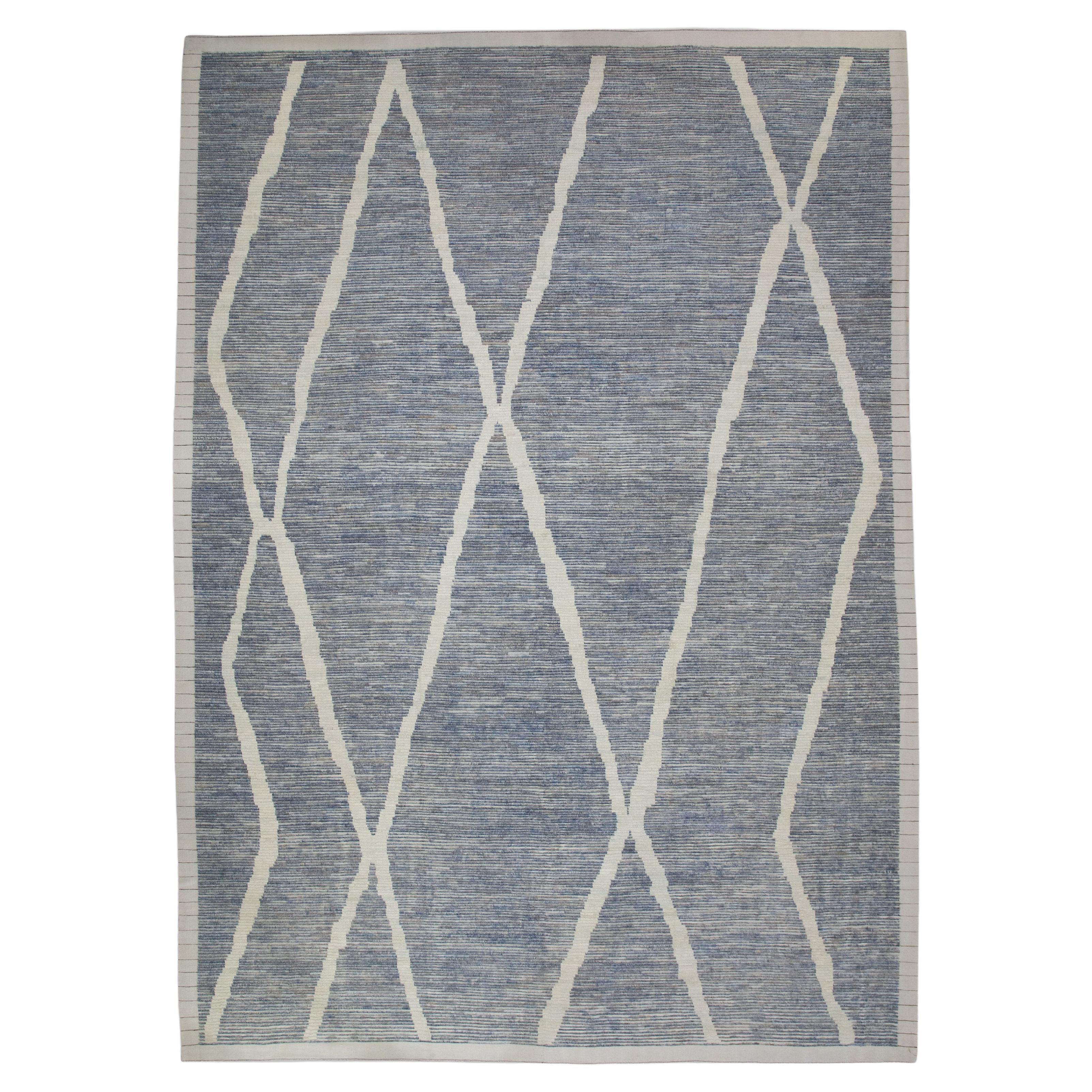 Blue & Gray 21st Century Modern Moroccan Style Wool Rug 11'3" X 15'11" For Sale