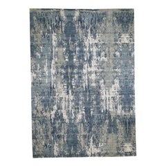 Blue-Gray Abstract Design Wool and Pure Silk Hand Knotted Oriental Rug