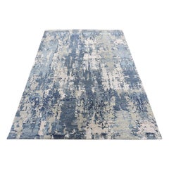 Blue-Gray Abstract Design Wool and Pure Silk Hand Knotted Oriental Rug