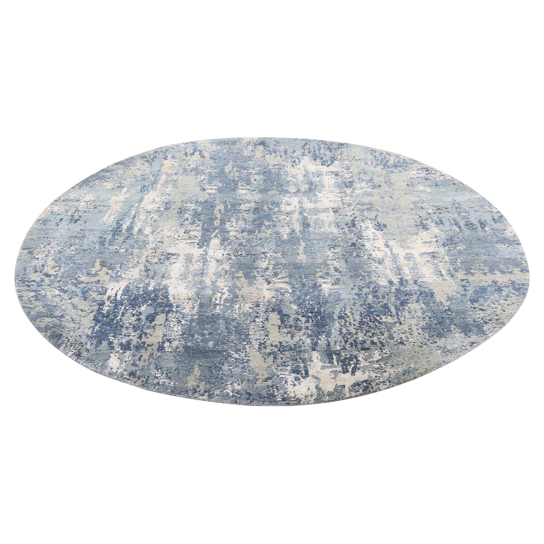 Blue-Gray Abstract Design Wool and Pure Silk Handmade Round Oriental Rug