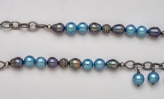 Blue Gray Akoya Pearl Necklace w Sterling Silver Diamond Beads