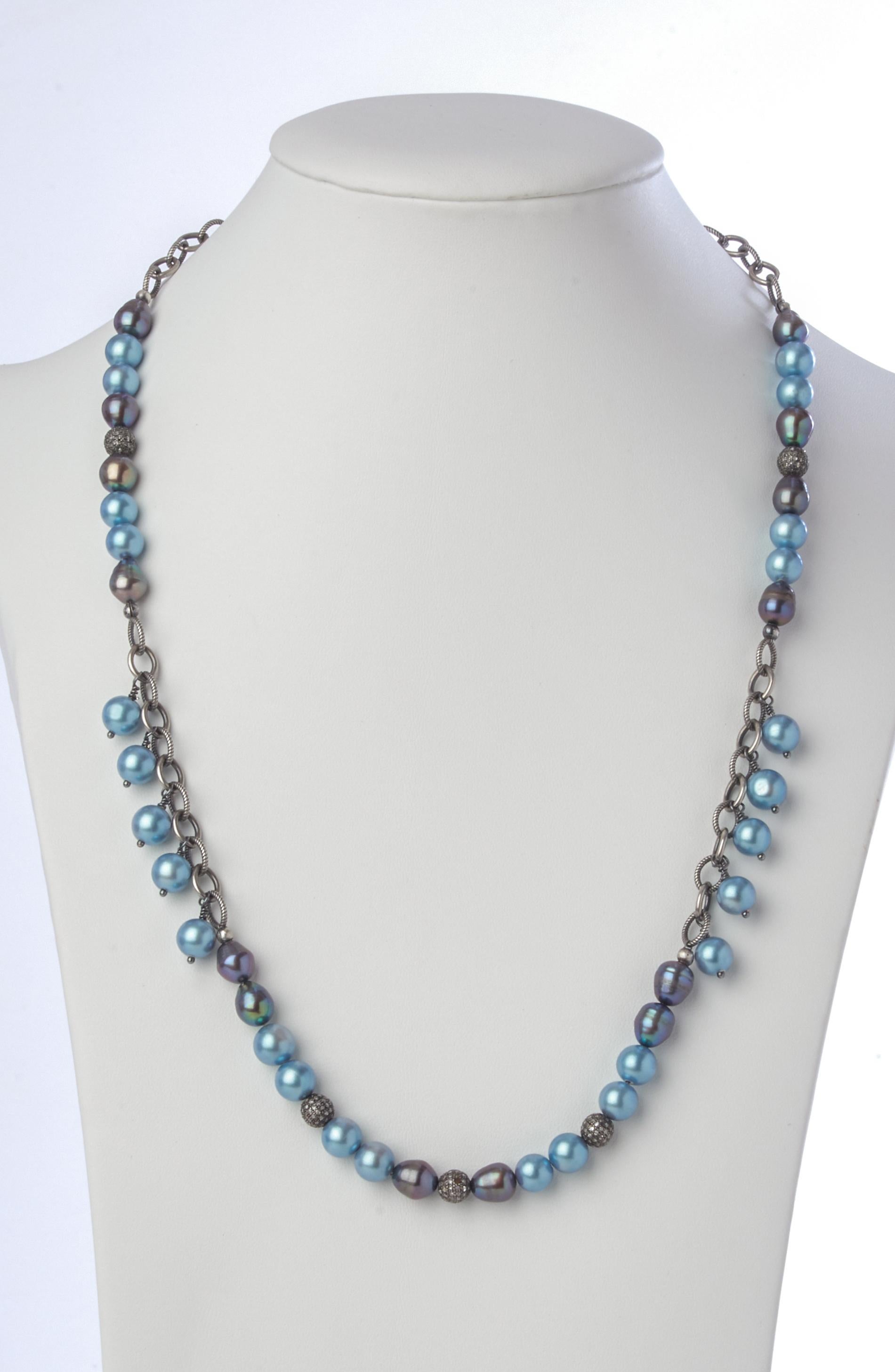 Women's Blue Gray Akoya Pearl Necklace w Sterling Silver Diamond Beads