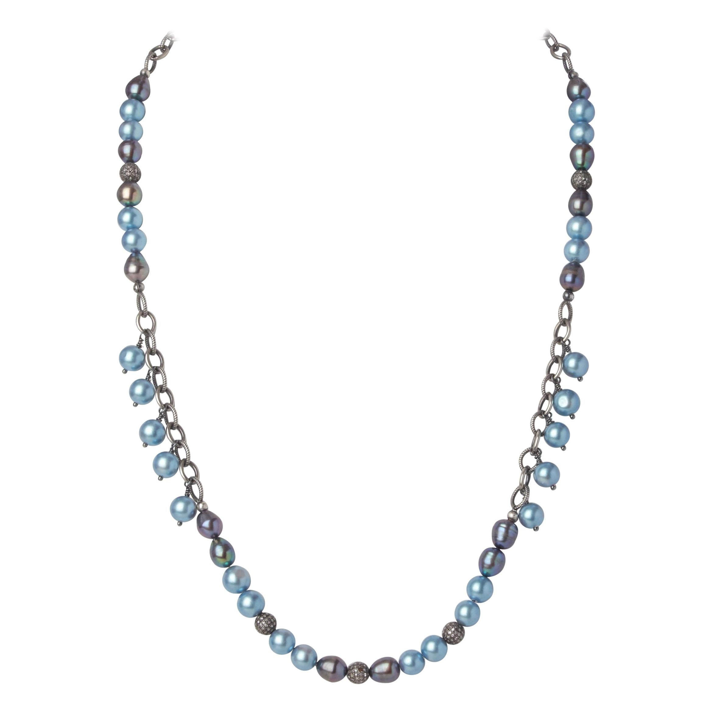 Blue Gray Akoya Pearl Necklace w Sterling Silver Diamond Beads