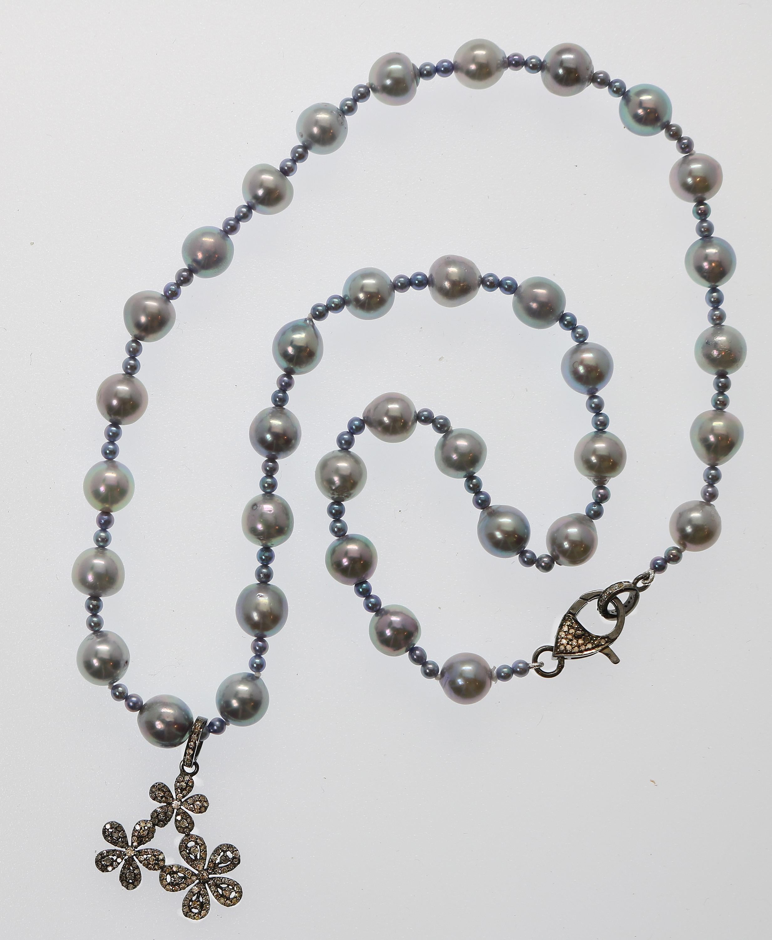 Artisan Diamond Silver Floral Charm Pendant Pearl Necklace