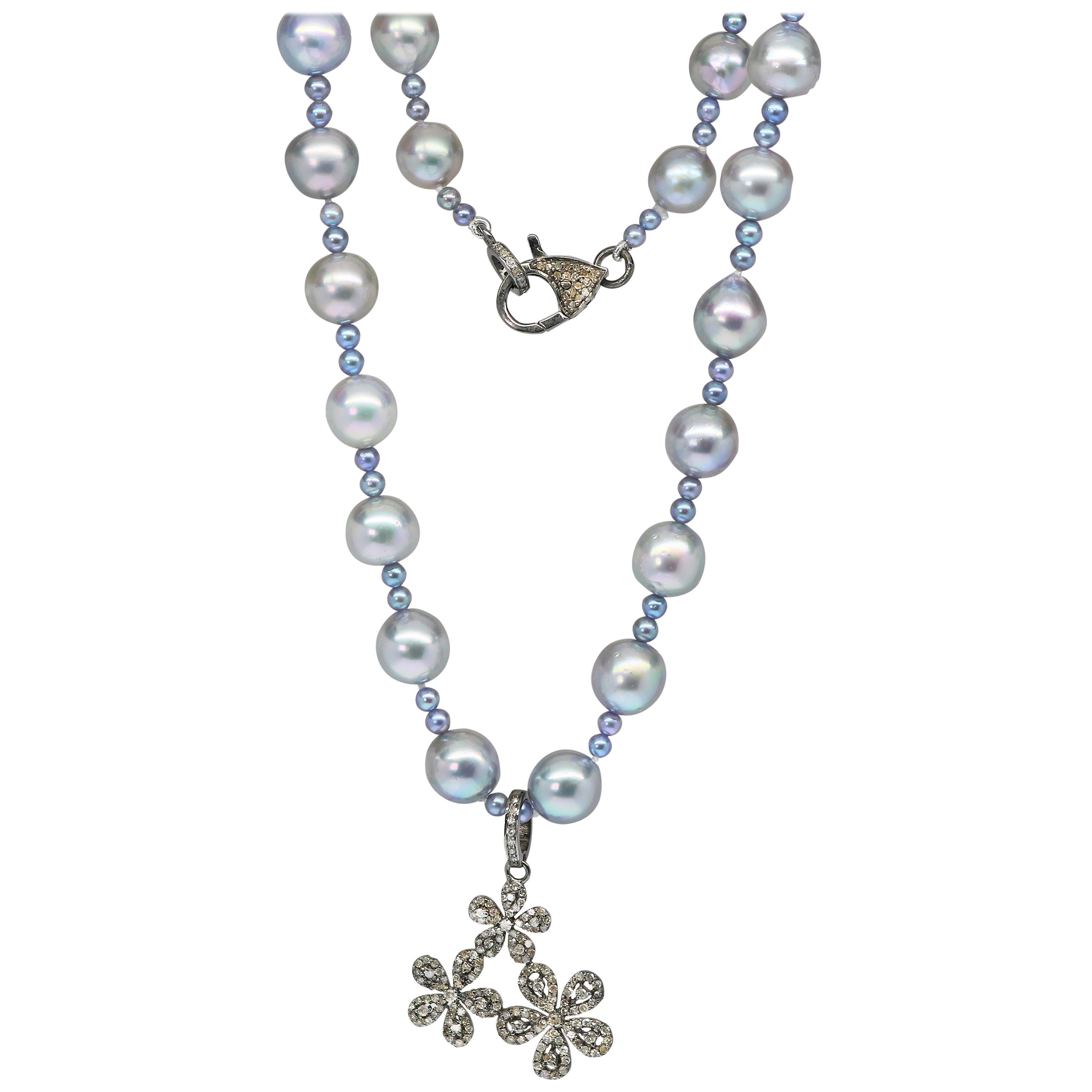 Diamond Silver Floral Charm Pendant Pearl Necklace