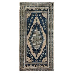 Blue, Gray and Ivory Handmade Wool Turkish Old Anatolian Konya Distressed Rug