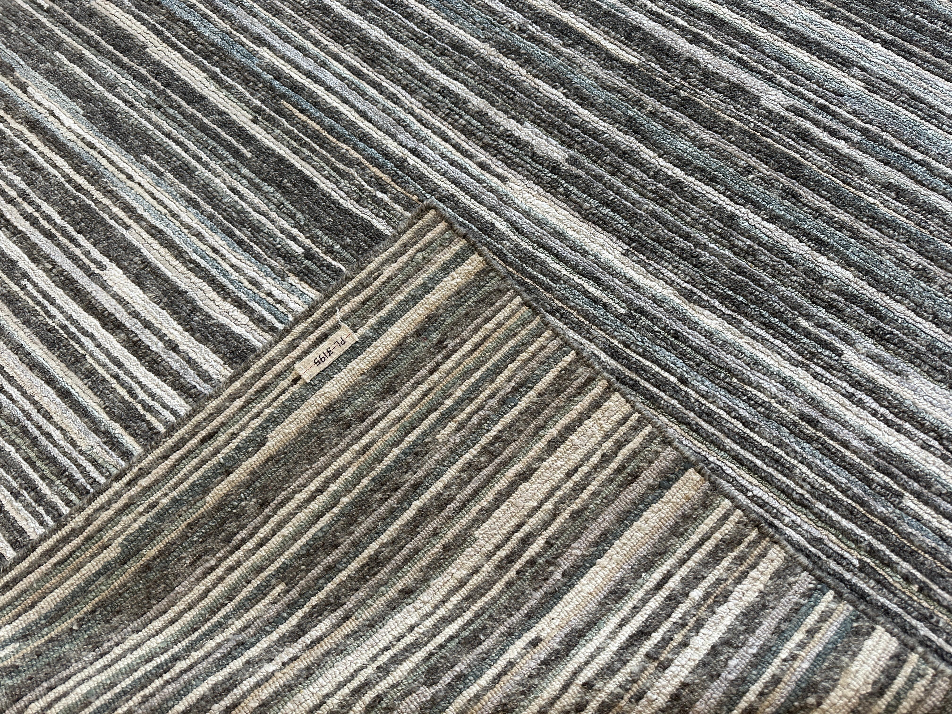 Indian Blue, Gray, and White Striped Modern Rug For Sale