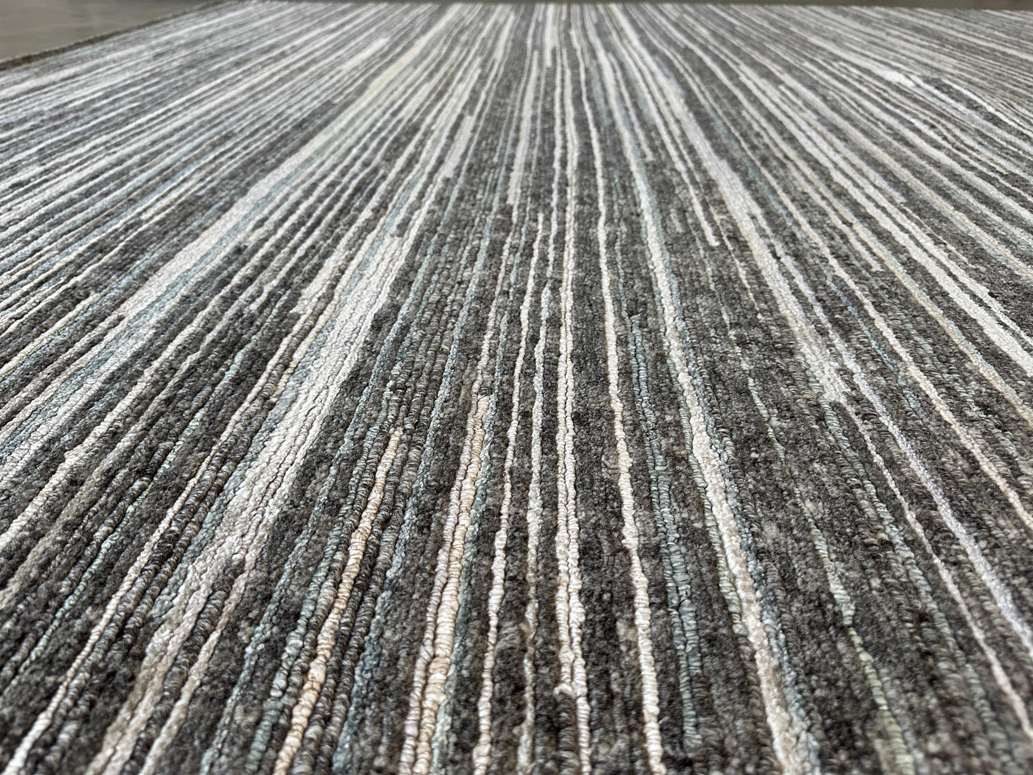 Hand-Knotted Blue, Gray, and White Striped Modern Rug For Sale