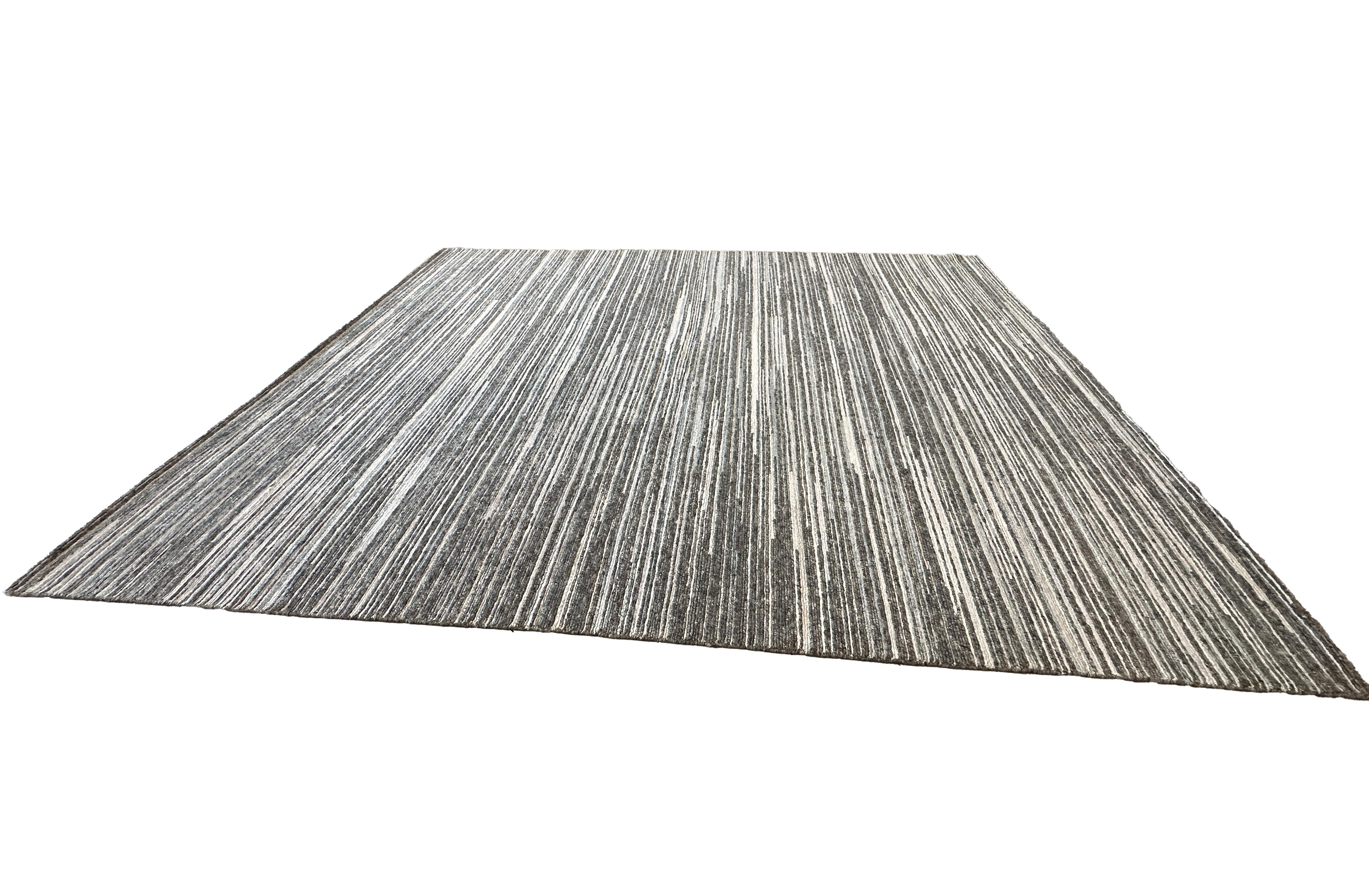 Wool Blue, Gray, and White Striped Modern Rug For Sale