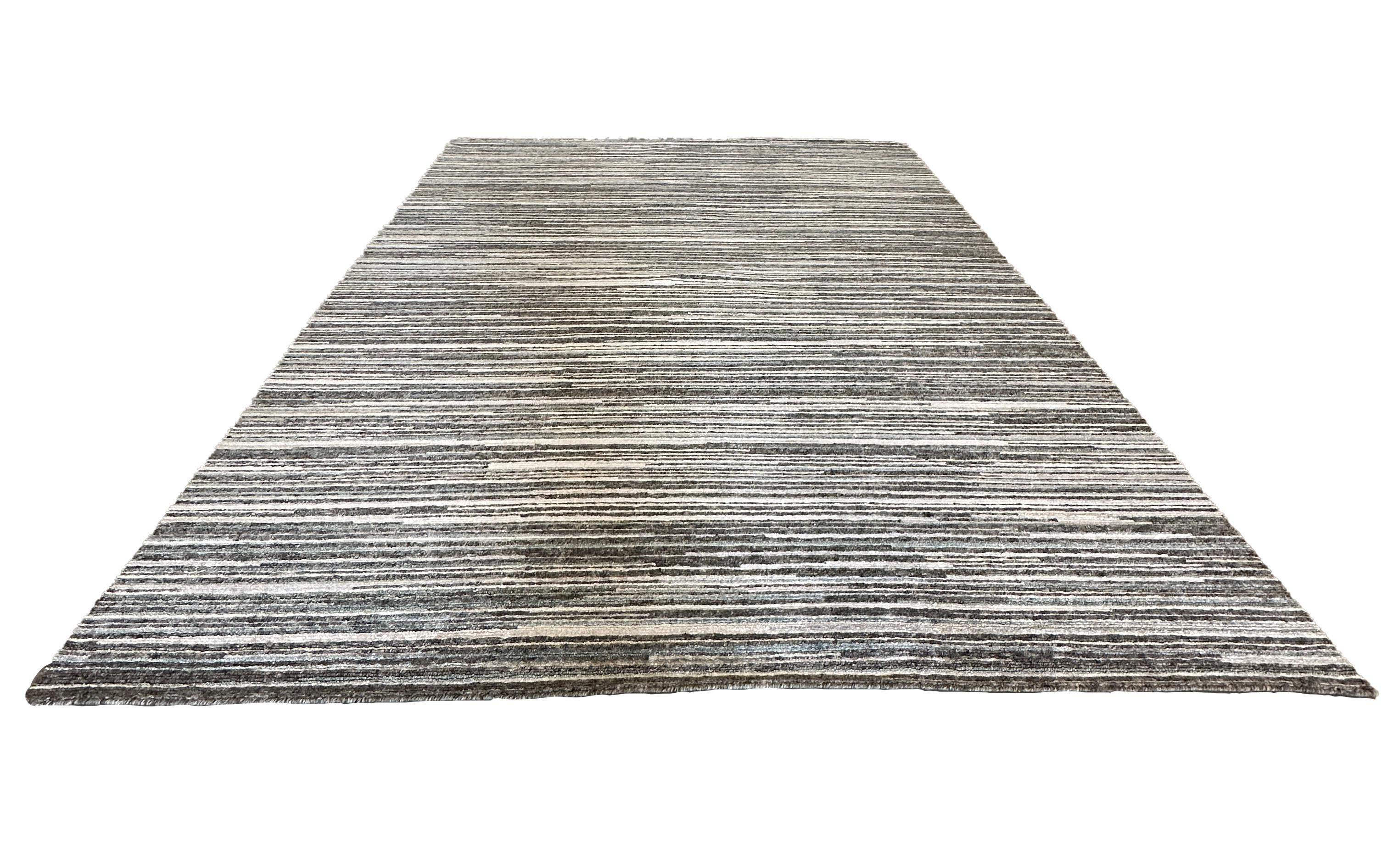 Blue, Gray, and White Striped Modern Rug For Sale 1
