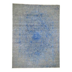 Blue/Gray Broken Persian Erased Design Wool and Pure Silk Handmade Rug