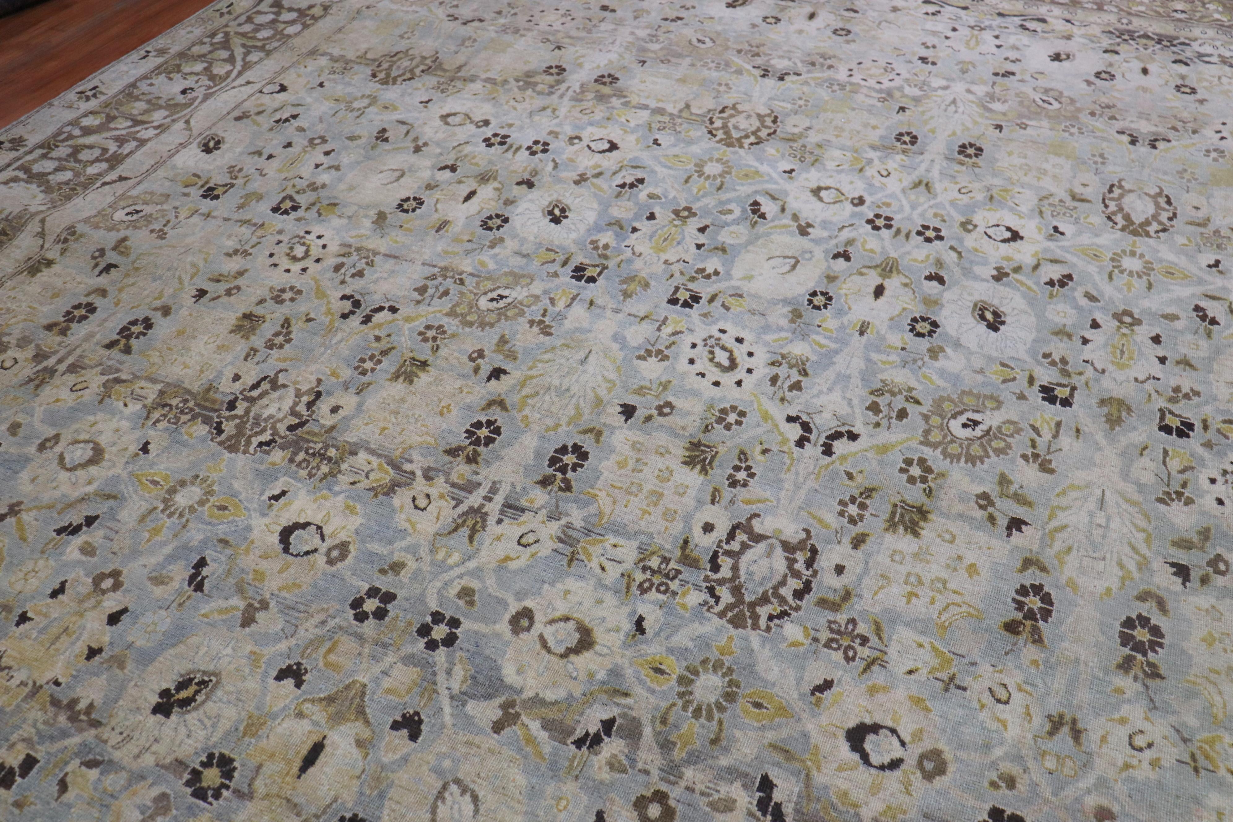 Blue Gray Chartreuse Antique Persian Tabriz Carpet, Early 20th Century For Sale 8