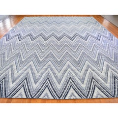Blue-Gray Chevron Design Textured Wool and Silk Hand Knotted Rug 14'1" x 18'1"